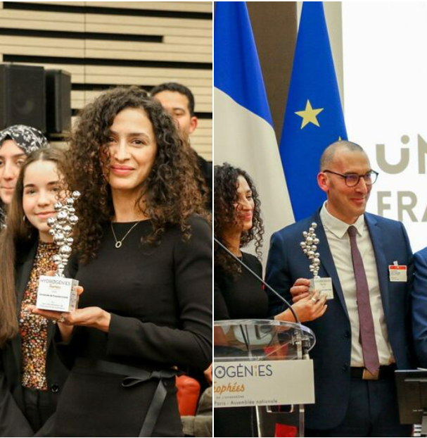 Olivier Jouffroy, director of the UFR STGI and Nadia YOUSFI Steiner, head of the CMI H3E, accompanied by 8 students received the prize for Awareness, Education and Training of the Hydrogénies 2022 competition.